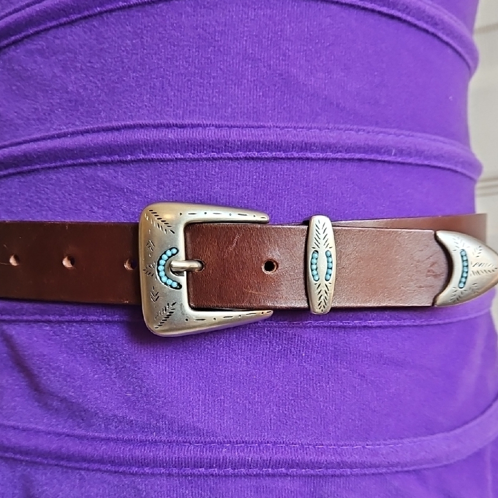 Brown Leather Belt with Silver and Blue Buckle